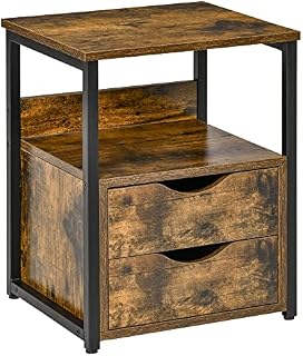 HOMCOM Industrial Side Table with Drawer, Sofa Table, Bedside Cabinet with Storage Shelf, Slim Nightstand for Living Room, Bedroom, Rustic Brown