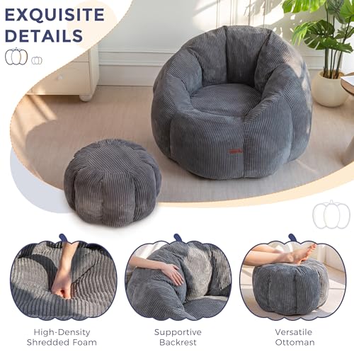 Image of MAXYOYO Giant Bean Bag Chair with Ottoman, Pumpkin-Shaped Bean Bag Sofa with Footstool, Oversized Boneless Couch Chair in a Box, Comfy and Lazy Lounge for Dorm, Living Room, Bedroom, Dark Grey