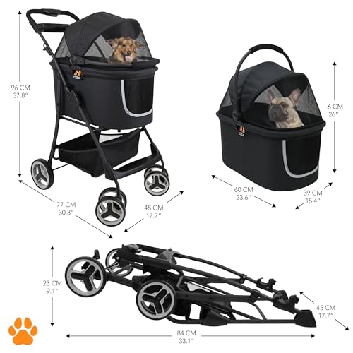 Modell CECE 2 in 1 Hundebuggy und Transportbox für Hunde | Faltbare Hundebox mit Extrakorb für Einkäufe oder Tierbedarf | Nutzung als Hundewagen oder sicherer Tragekorb – Schwarz-Melange