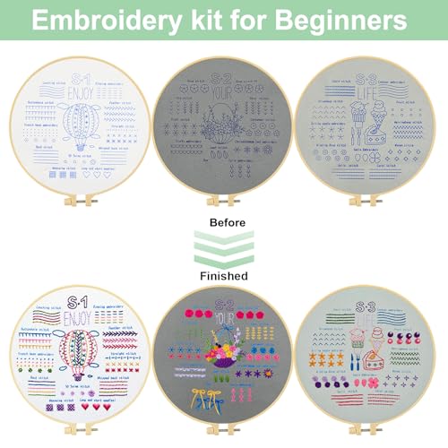 Krijuess 3 conjuntos de kit de bordado para adultos iniciantes, kit de bordado à mão para aprender 3