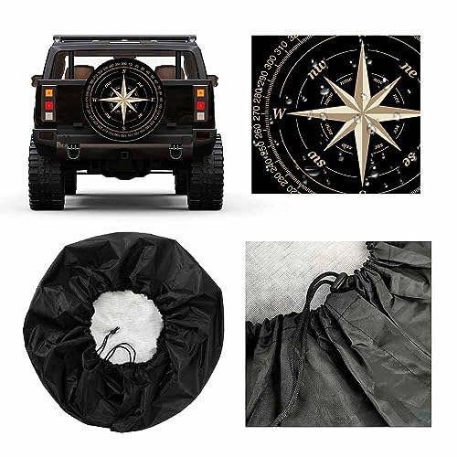 Image of Compass Rose Spare Tire Cover Wind Marine Star Black Nautical Earth World Adventure Ship Weatherproof Universal Wheel Protectors Camper Tire Covers for Trailer Rv Travel(17 inch)