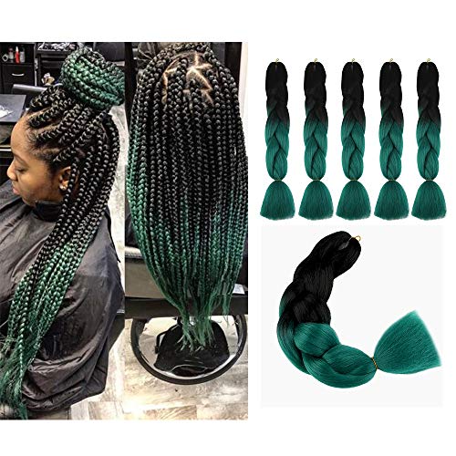 Jumbo Braiding Hair Extensions 5pcs 24inch Ombre Braiding Hair Yaki Kanekalon Synthetic Rainbow Jumbo Box Braids Ultra Braid (Black and Teal)#21