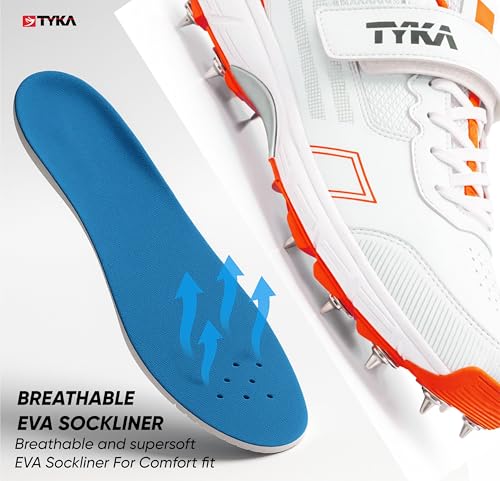 Image of TYKA Cricket Shoes Spikes for Junior | Synthetic PU Upper | Genuine Rubber and Phylon Sole | Lace Closure | Field Sports Shoes | Grip Support | Practice & Match Play