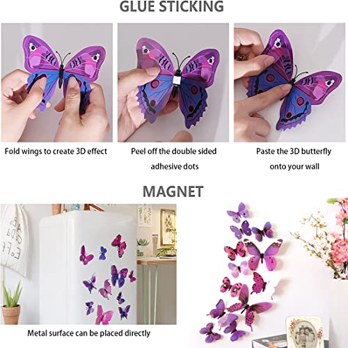 24 Stück 3D Schmetterlinge Deko Schmetterling Wanddeko 3D Schmetterlinge Aufkleber Dekorationen (Violett)