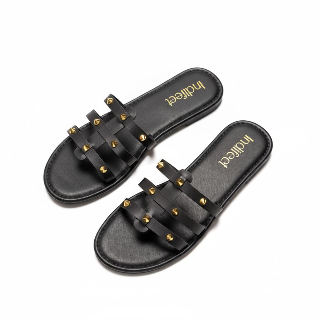 Flats for Women, Women's Stylish Studded Flat Footwear, Woman Latest Open Toe Slippers, Girls Embellished Slip Ons Chappals, Ladies Fancy Slip On Chappal-image-33