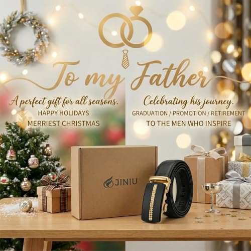 Image of JINIU Men's Ratchet Belt Buckle, Black Genuine Leather Slide Belt for Men Dress Suit, Micro Adjustable Trim to Fit Boxed