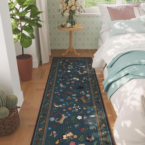 Runner Rug for Kitchen Non Slip 2'6''x8' Washable Rugs with Rubber Backing Soft Floral Animal Cat Carpet Runner for Kitchen Laundry Bedroom Bathroom, Pearl Gentian Blue
