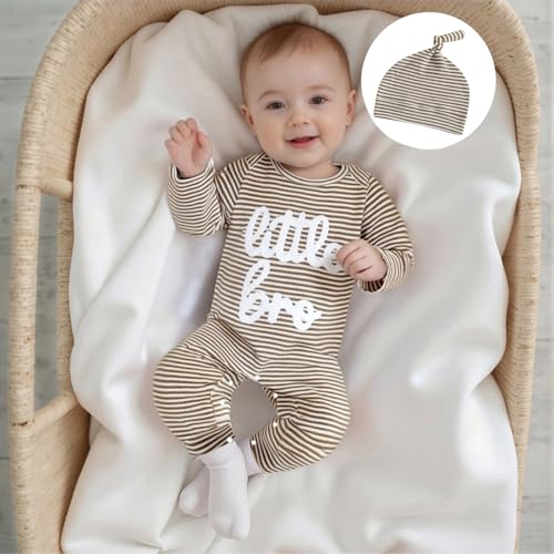 Tsnbre Newborn Baby Boy Clothes Little Bro One Piece Romper Jumpsuit Ribbed Knit Long Sleeve Striped Bodysuit with Hat3