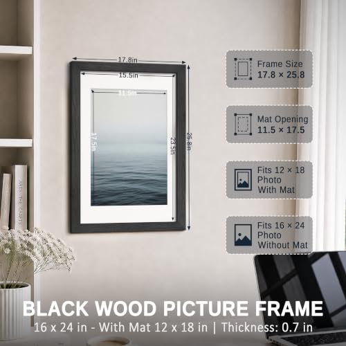 Image of VCK 16x24 Picture Frame 5 Pack, Black Exclusive Wood 12x18 Mat, for Artwork