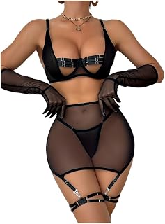 Softwrap Women’s Black Sheer Mesh Babydoll with Strappy Bra, High Waist Panty & Garter Straps | Sexy Transparent Nightwear... Price In India
