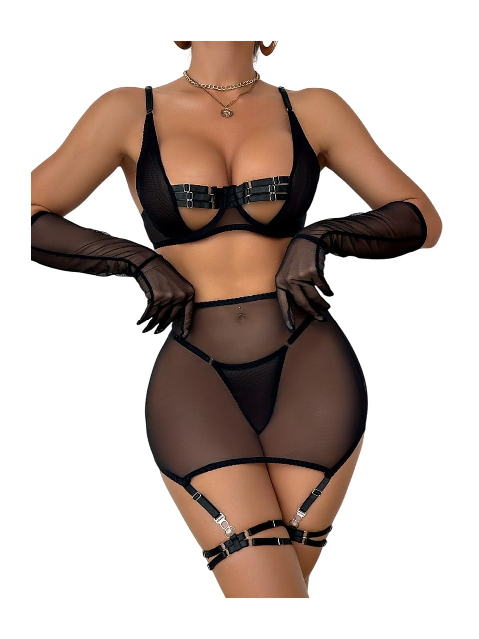 softwrap Women’s Black Sheer Mesh Babydoll with Strappy Bra, High Waist Panty & Garter Straps | Sexy Transparent Nightwear Innerwear Set for Women-picture-46