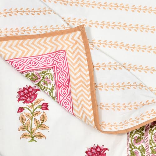 Image of BLOCKS OF INDIA 100% Cotton Dohar King Size Reversible Hand Block Printed Malmal Summer Dohar /Blanket (Pink Cream Flower)