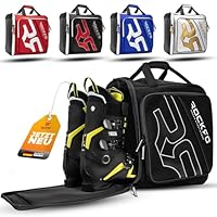 ROCKRO Skischuhtasche mit Helmfach, Robuste Tasche für Skischuhe, Wasserabweisende Skistiefeltasche mit Helmfach, Praktischer 7 Zonen Ski Rucksack für Ski Schuhe Helm Skibrille, 49L Schwarz