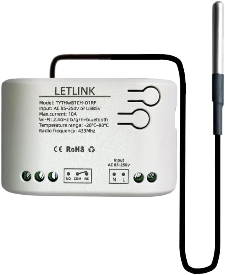1 Channel WiFi/Bluetooth Temperature Sensor Smart Relay Switch,DC 7-32V Or Micro-USB 5V, Work with Smart Life/Tuya app,Compatible with Alexa Google Home (1CH DC 7-32V)
