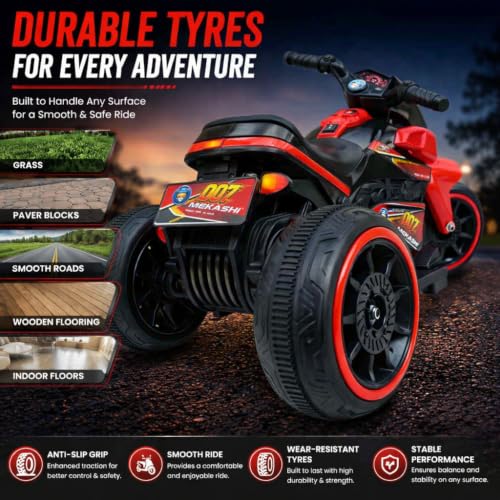Image of MEKASHI 6V Electric Ride-On Bike for Kids | Racing Red | Battery Operated Motorcycle with Bluetooth Music, LED Headlight, Foot Accelerator & Training Wheels | Ride-On Toy for Boys & Girls 1-4 Years
