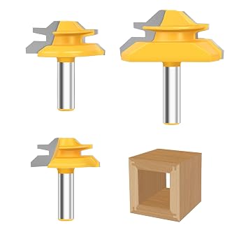 Pynsseu 45 Degree Lock Miter Router Bit 3 Piece Joint Router Bit Set, 1/2 Inch Shank Router Bits for Woodworking, Wood Milling Cutter to Create Lock Miter Joint 1/2", 5/8", 3/4" Cutting Height