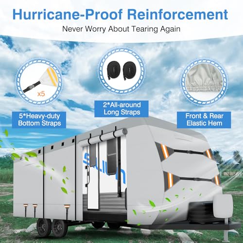 Travel Trailers RV Cover for 27-30FT, Heavy Duty Oxford PU All Weather Protection, Windproof Waterproof Rip-Resistant Camper Cover with 5+2 Windproof Straps & Travel Trailer Camper Cover Accessories - Thumbnail 4