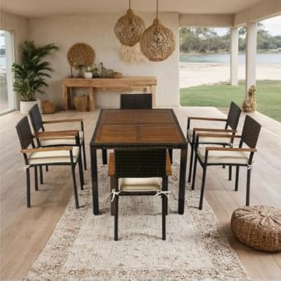 7-Piece Outdoor Patio Wicker Dining Set with Acacia Wood Table Top - Premium Steel Frame, Ergonomic Chairs, All-Weather Rattan - Ideal for Outdoor & Indoor Use
