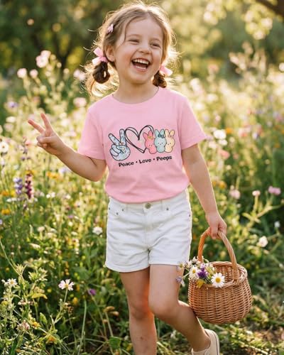 Image of SOFEON Kids Girls Easter Shirt Bunny Peace Love Peeps T-Shirt Cute Funny Rabbit Graphic Tees Short Sleeve Casual Tops