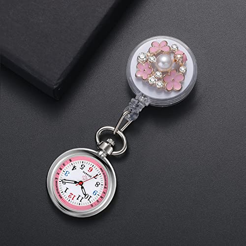Image of Lancardo Retractable Nurse Watch Clip On Pearl Flower Patterns Badge with Secondhand Stethoscope Lapel Fob Pocket Watch Doctor Nurse Watch for Women and Men Nurses Day