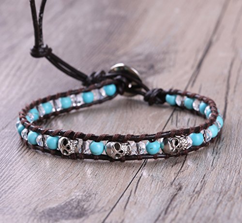 Image of KELITCH 925 Silver Skull Bracelets Wrap Bracelets Women Crystal Beaded Bracelets on Natural Leather