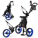 Goplus 3 Wheel Golf Push Cart, Lightweight Foldable Caddy Cart w/Adjustable Seat, Handle, Umbrella Holder, Foot Brake, Golf Trolley for Golf Bags, Collapsible Golf Pull Cart for Men Women (Blue)