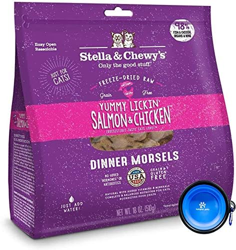 Stella & Chewy's Freeze Dried Cat Food,Snacks Super Meal Mixers 18-Ounce Bag with YHS Pets Food Bowl - Made in USA (Salmon & Chicken)