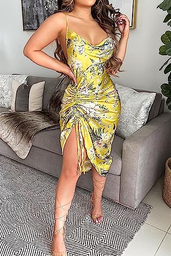 Image of Club Dress Sexy Dress for Women Wedding Party Birthday Cocktail Spaghetti Strap Satin Side Ruched Midi Mini Dress