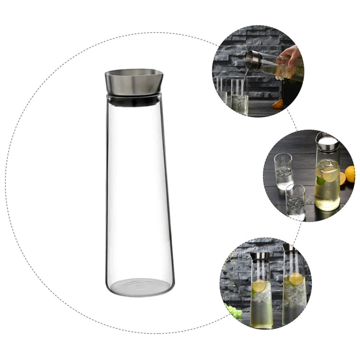 DOITOOL Jarra de Agua Fría de Vidrio de Borosilicato 1L Tapa de Acero Inoxidable Diseño Recto Antidesbordamiento Recipiente Transparente para Jugo Adecuado para Uso Doméstico y Oficina