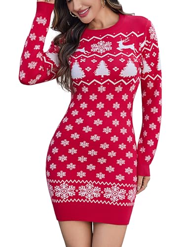Aseniza Strickkleid Damen Weihnachten Strickpullover Weihnachtskleid Pulloverkleid Pullikleid Weihnachten Kleid Rot S