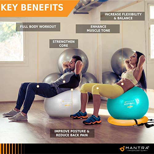 Exercise Ball Chair - 55cm / 65cm / 75cm Yoga Fitness Pilates Ball & Stability Base for Home Gym & Office - Resistance Bands, Workout Poster & Pump. Improve Balance, Core Strength & Posture - Thumbnail 2