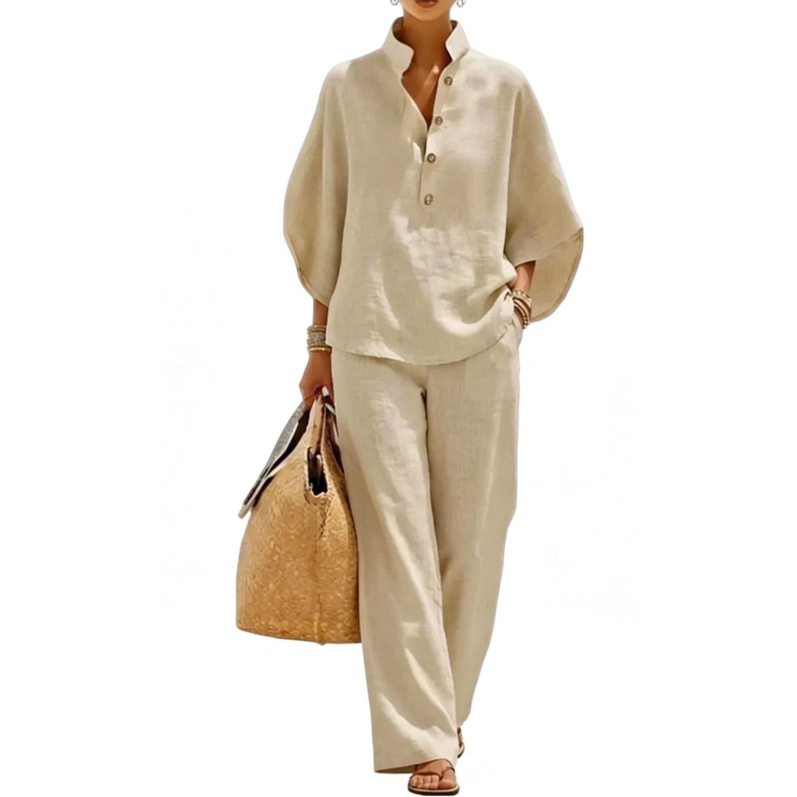 Genérico Women Linen Cotton Two Piece Outfit Batwing Sleeve Top and Wide Leg Pants Set Casual Loose Fit Summer Travel Clothing