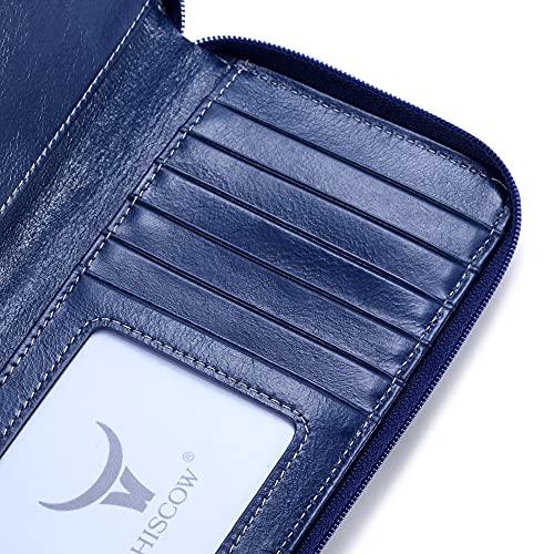 Image of HISCOW Leather Checkbook Cover, Zippered Wallet, Antiqued Blue | Full grain cowhide, 5cc & ID window, personal check book & register pockets, removable duplicate divider, women secure zipper