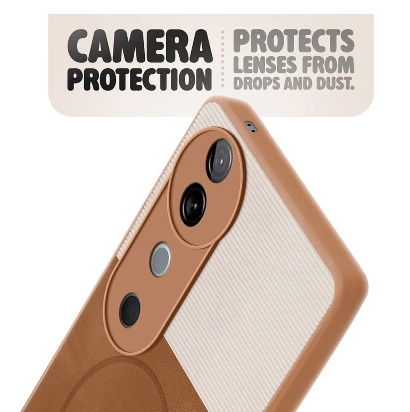 Image of Bintage CASE Dual-Leather Mac Safe Design Phone Case| Soft Touch Finish | Full Camera Protectection Back Cover Compatible for Vivo V2348 / Vivo V40 5G - White & Nut Brown