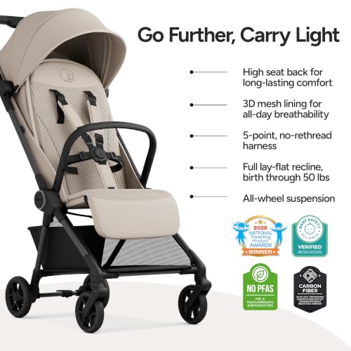 Image of Mompush Nexis Carbon Fiber Lightweight Travel Stroller, Carry-On, Khaki | Lightweight travel stroller for airplane, compact auto-fold, one-hand recline, XL basket, cup holder, rain cover included