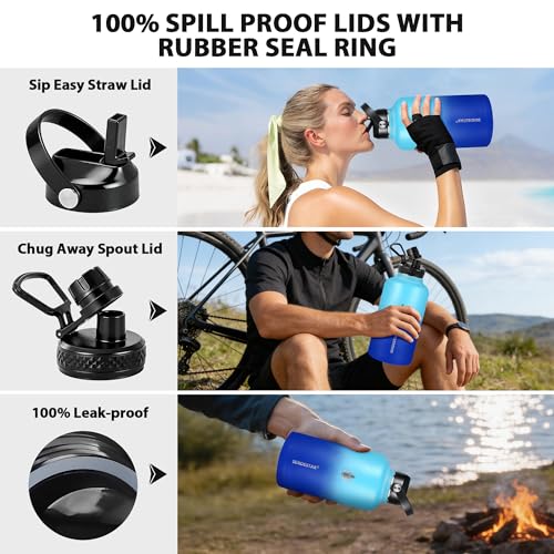 Image of Insulated Water Bottle 64 oz, Triple Wall Vacuum Stainless Steel Water Bottles (Cold for 48 Hrs), Leak Proof & Non-BPA, Half Gallon Water Flask Jug Wide Mouth Straw Lid & Spout Lid