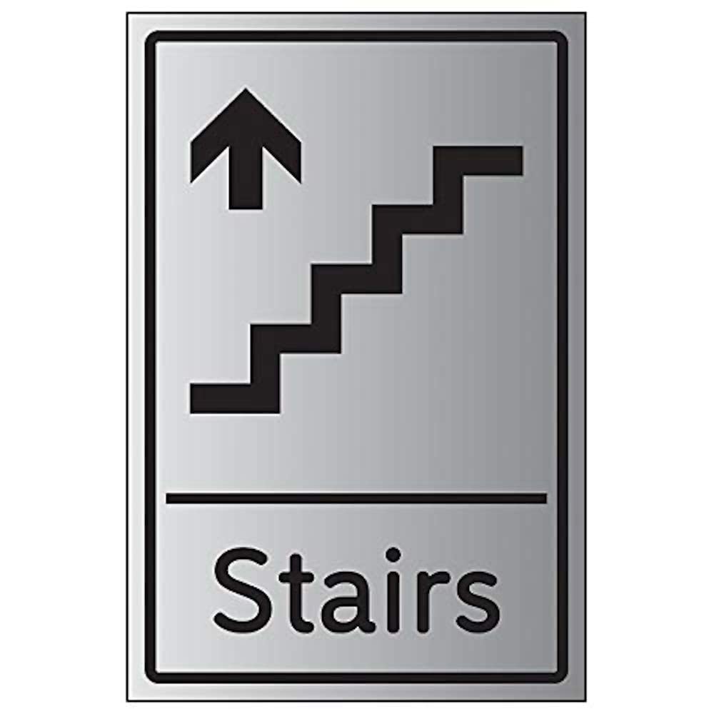 V Safety Stairs Arrow Up Sign - 150 x 200 mm - Self Adhesive Aluminium Effect Safety Sign