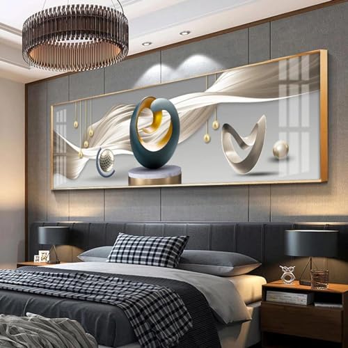 Peinture sur toile abstraite géométrique 70x170 cm avec cadre doré pour grand salon