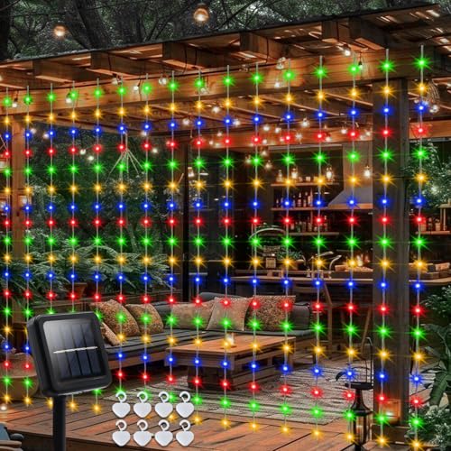 DBFAIRY Luces solares de cortina de 2,4 m x 1,8 m, 144 luces LED para exteriores, impermeables, con temporizador, 8 modos para jardín, patio, valla, cenador, decoración (multicolor)