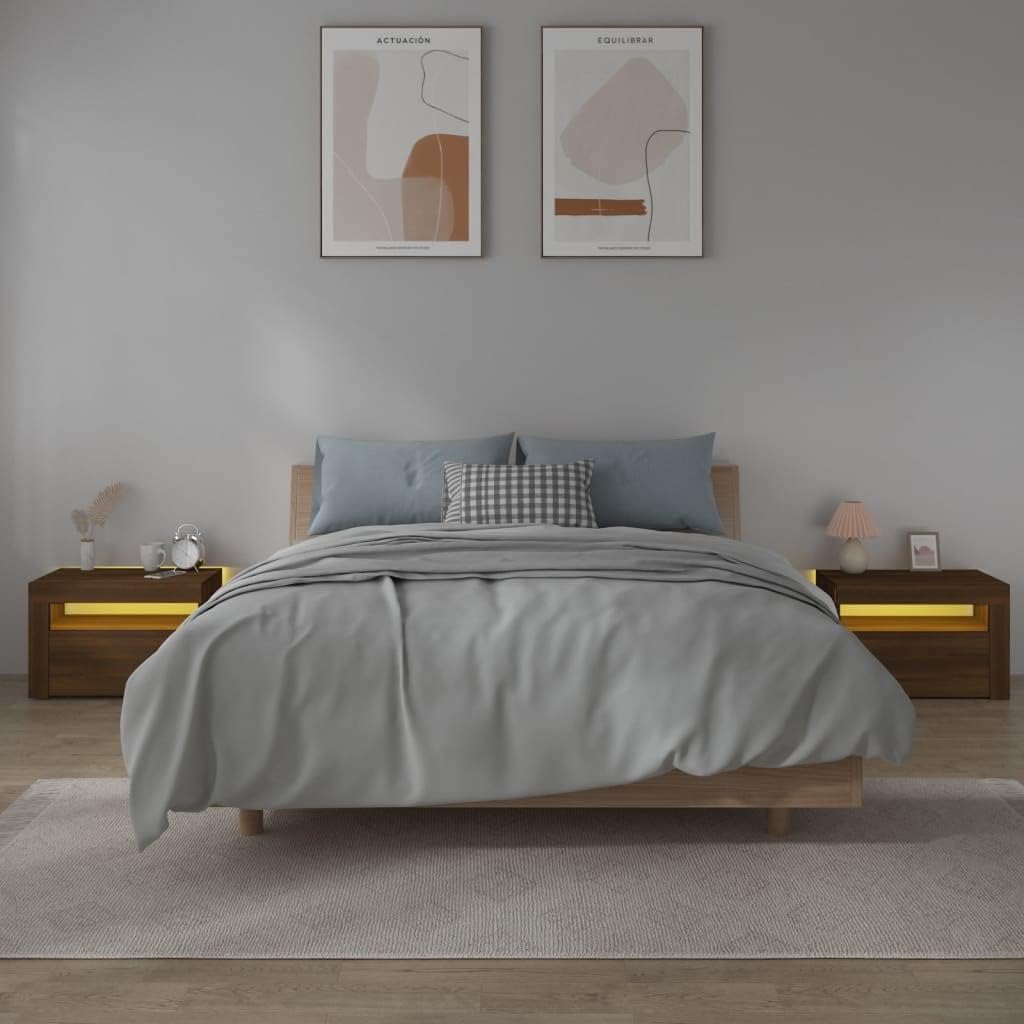 Side Tables for Living Room Unique Side Tables Bedroom Storage Sofa Side Tables Farmhouse Small Tables Side Tables with Storage Bedside Cabinets 2 pcs with LEDs Brown Oak 23.6"x13.8"x15.7"