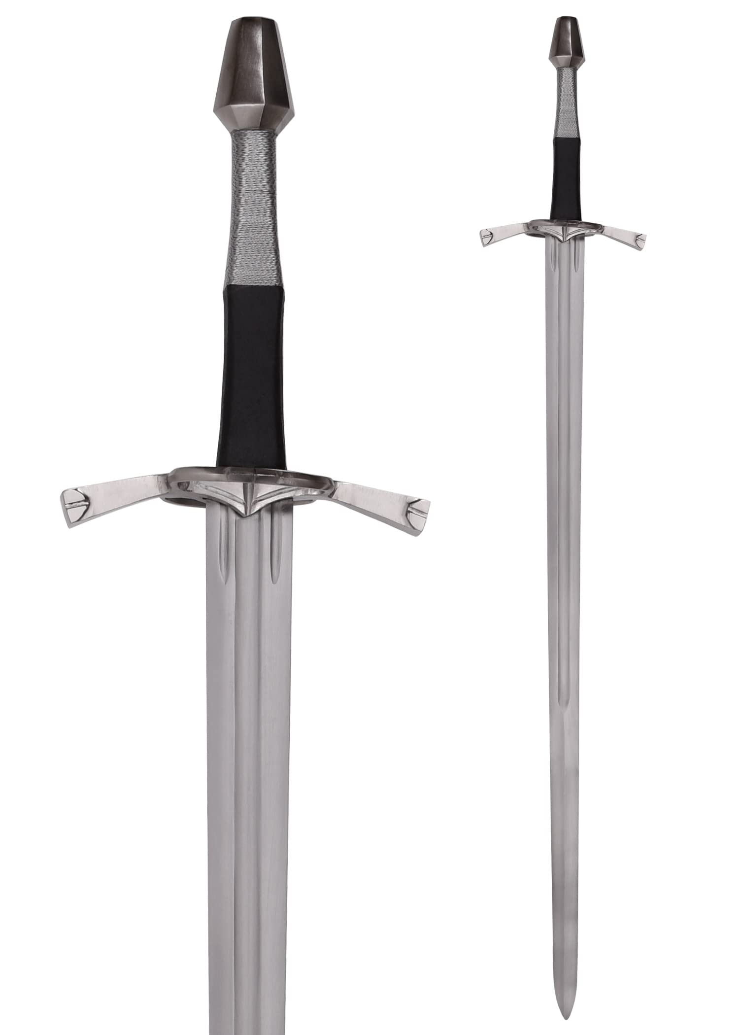 Battle-Merchant Langschwert mit Parierring, inklusive Scheide | EN45 Federstahl, Schwert Replik ca. 15. Jh., Mittelalter, Zweihänder, Sammlerstück & Dekoration, ab 18