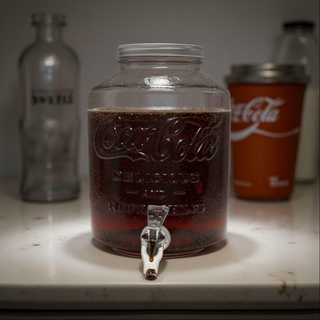 Keyhomestore Szklany dozownik Coca-Cola z kranem 5 l – wysokość 27 cm, szerokość 20 cm, głębokość 23 cm – idealny do napojów, koktajli i codziennego użytku