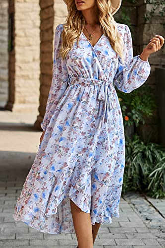 Image of PRETTYGARDEN Women's Floral Boho Dress Fall Long Sleeve Wrap V Neck Ruffle Flowy Maxi Spring Wedding Guest Vacation Dresses