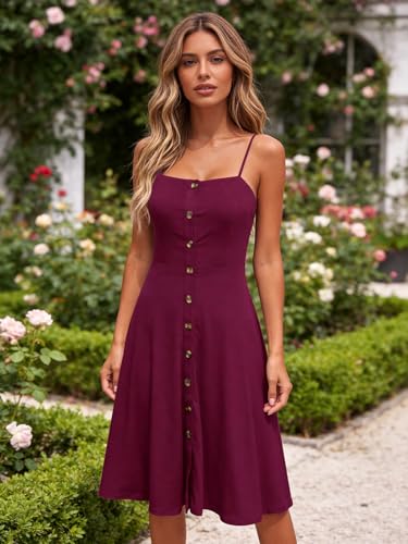Image of Berydress Women's Casual Beach Summer Dresses 2026 Solid Cotton Flattering A-Line Spaghetti Strap Button Down Midi Sundress