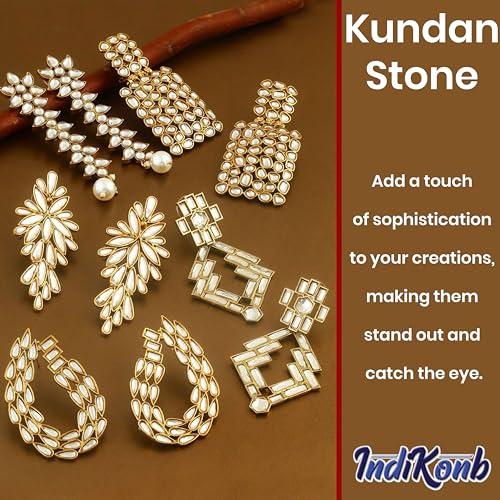 INDIKONB 1400 Kundan Stones Set - 9 Assorted Shapes and Sizes for Jewelry Making, Embroidery, Bangle Crafting - White & Gold