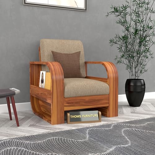 Image of Sheesham Wood Single Seater Sofa | Premium Wooden Single Chair for Living Room, Bedroom & Office | Stylish & Comfortable One Person Sofa (Cairo Honey, 1 Seater)