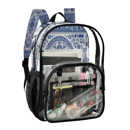 Blue and White Porcelain Style Clear Backpack - Stadium Approved Large 15.7-inch Waterproof Transparent Bag for Sports, Concerts, Work, Travel#4662