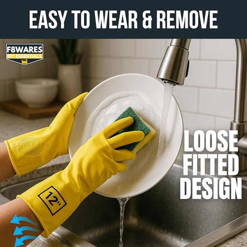 Image of F8WARES Heavy Duty Rubber Gloves for Cleaning Household, Kitchen, Bathroom | All Purpose Protective Thick Hand Gloves for Industrial, Gardening & Safety | Waterproof & Chemical Resistant (1 Pair Yellow)