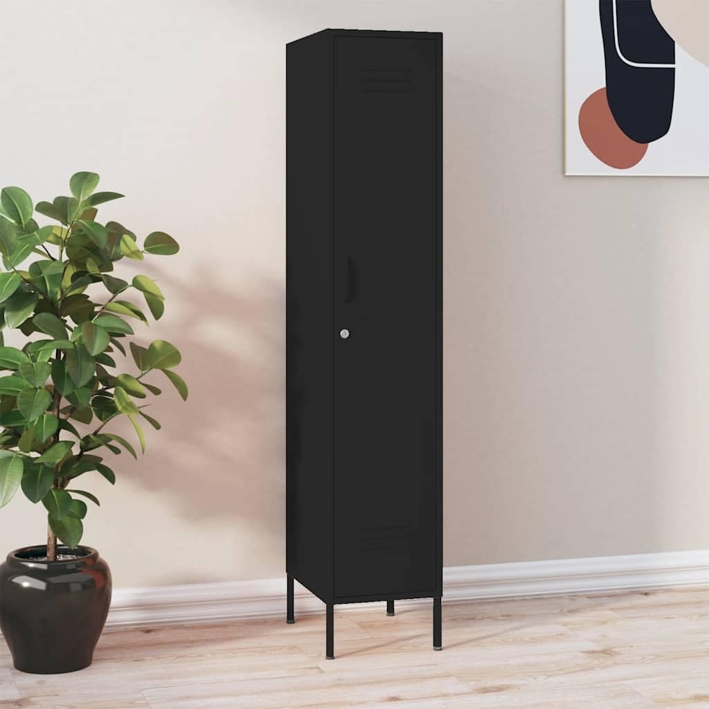Armadio nero 35 x 46 x 180 cm in acciaio – Armadio in metallo con serratura con 4 ripiani e fessure di ventilazione per ufficio, palestra, scuola e archivio