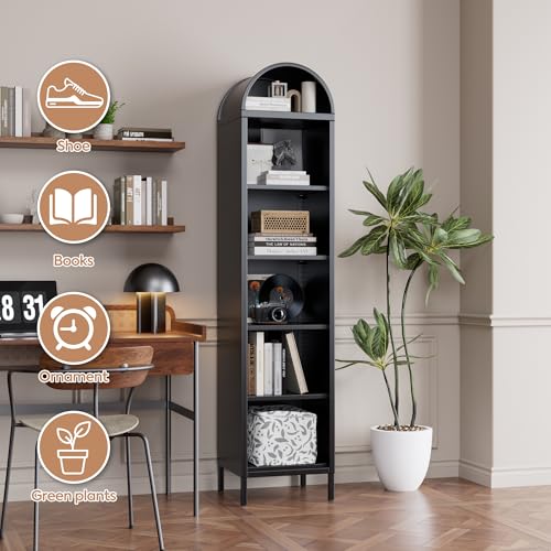 Image of 72.83 inch H Metal Arch Bookshelf with 4 Adjustable Shelves, Open Arched Display Cabinet,Kitchen Pantry for Dining Room, Living Room, Office, Bathroom, Assembly Required,Black